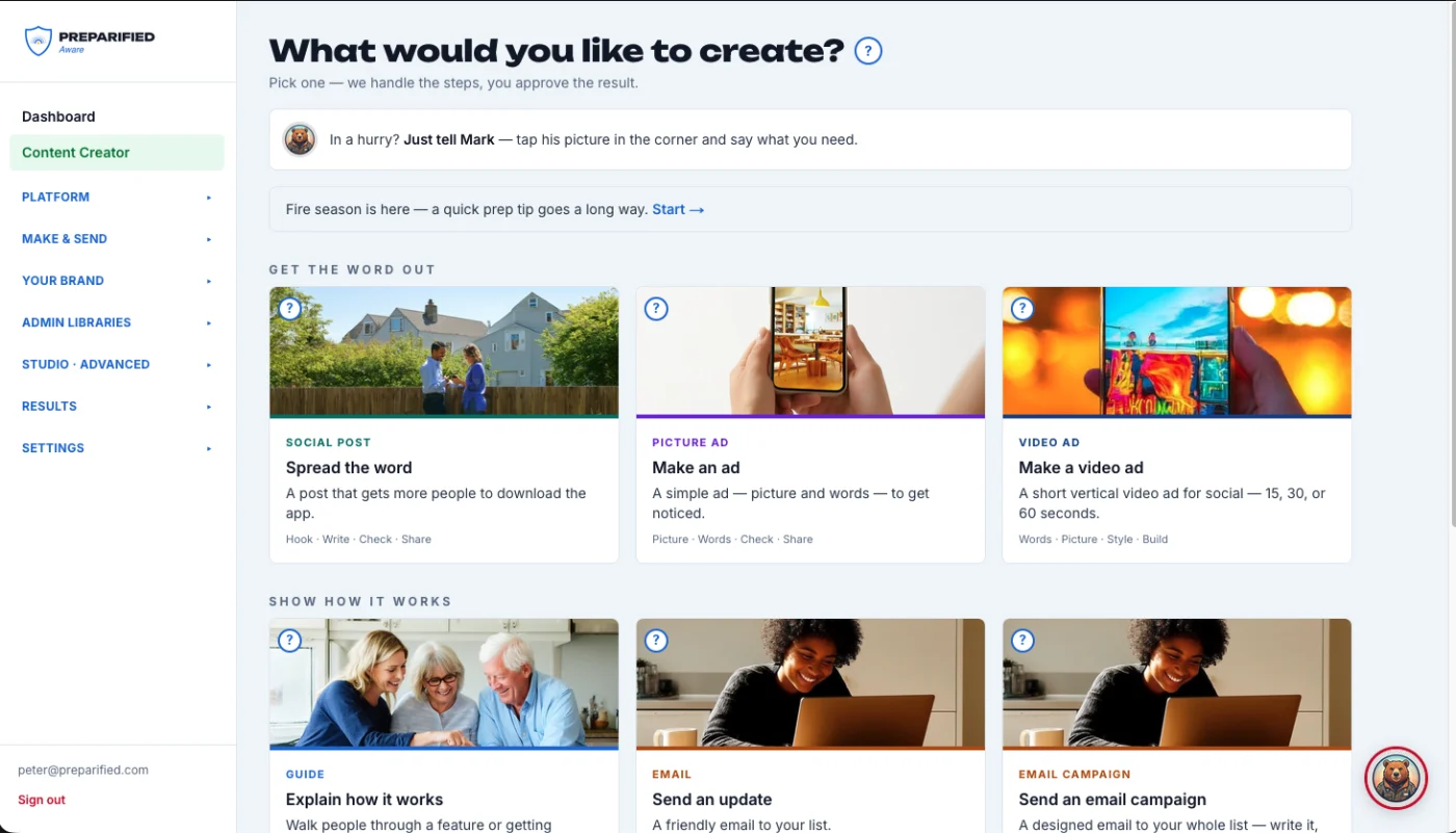 The Aware content creator, showing ready-made starting points for a social post, an ad, a video ad, a guide and an email campaign