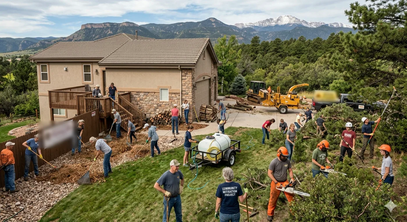 Neighbors clearing defensible space together during a community wildfire mitigation work day, with the Colorado Front Range behind them.